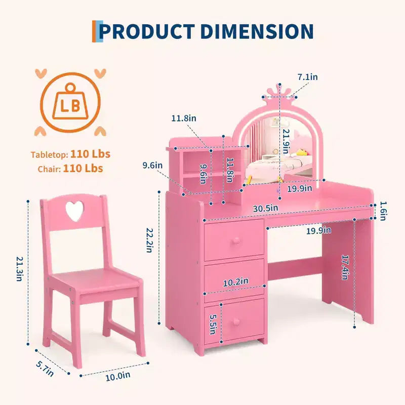 Kids Vanity Desk with Mirror, Princess Wooden Makeup Vanity with Chair, Storage Shelves and Drawers, 2-in-1 Girls Dressing Table