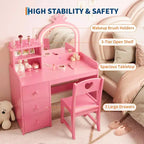 Kids Vanity Desk with Mirror, Princess Wooden Makeup Vanity with Chair, Storage Shelves and Drawers, 2-in-1 Girls Dressing Table