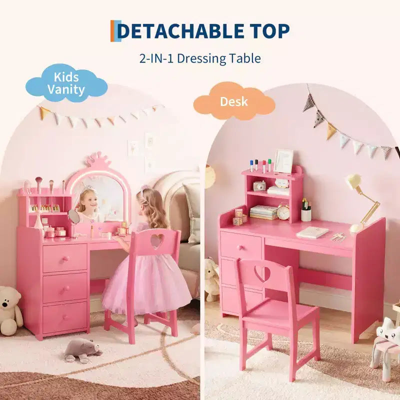 Kids Vanity Desk with Mirror, Princess Wooden Makeup Vanity with Chair, Storage Shelves and Drawers, 2-in-1 Girls Dressing Table
