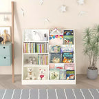 Okak Étagère à Livres et Organisateur de Rangement de Jouets Multifonctionnel à 4 Niveaux pour Enfants, Bibliothèque en Bois avec Présentoir pour Chambre d'Enfant, Salle de Jeux