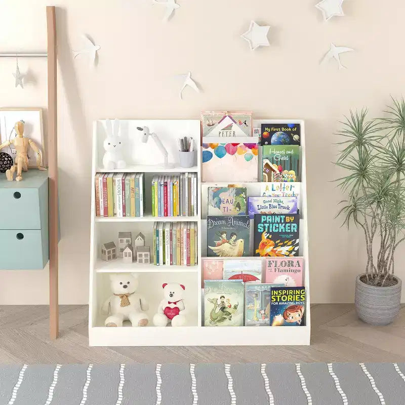 Okak Étagère à Livres et Organisateur de Rangement de Jouets Multifonctionnel à 4 Niveaux pour Enfants, Bibliothèque en Bois avec Présentoir pour Chambre d'Enfant, Salle de Jeux