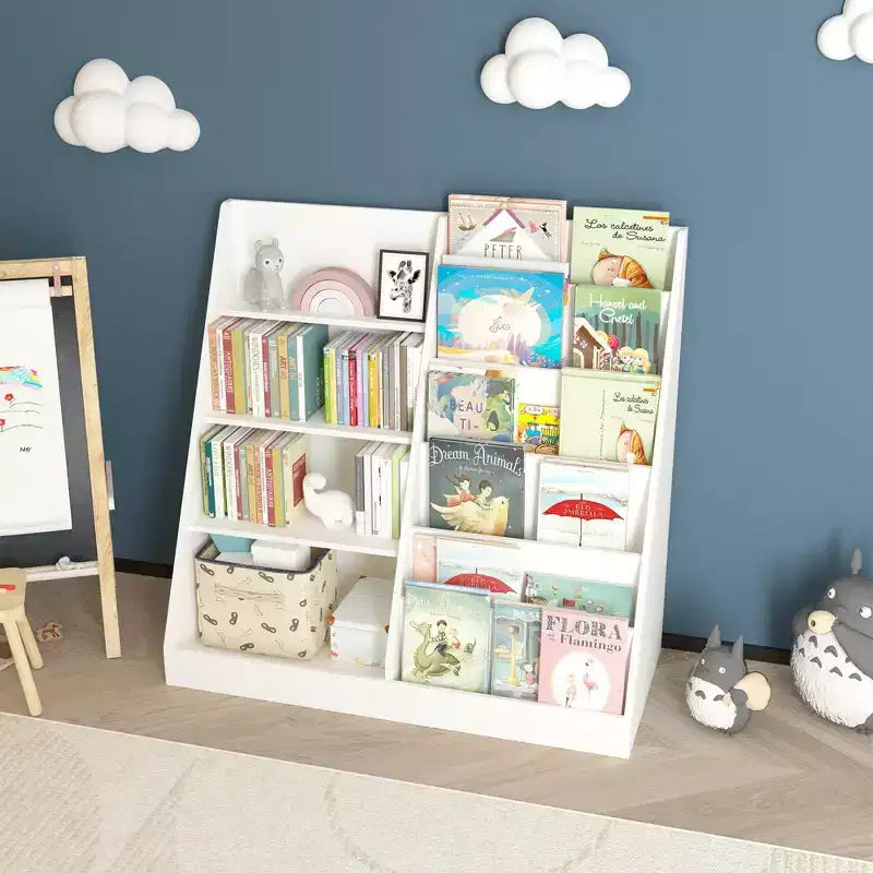 Okak Étagère à Livres et Organisateur de Rangement de Jouets Multifonctionnel à 4 Niveaux pour Enfants, Bibliothèque en Bois avec Présentoir pour Chambre d'Enfant, Salle de Jeux