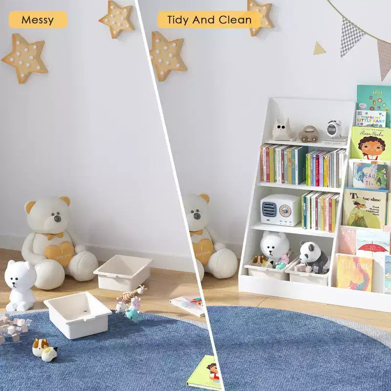 Okak Étagère à Livres et Organisateur de Rangement de Jouets Multifonctionnel à 4 Niveaux pour Enfants, Bibliothèque en Bois avec Présentoir pour Chambre d'Enfant, Salle de Jeux