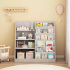 Okak Étagère à Livres et Organisateur de Rangement de Jouets Multifonctionnel à 4 Niveaux pour Enfants, Bibliothèque en Bois avec Présentoir pour Chambre d'Enfant, Salle de Jeux