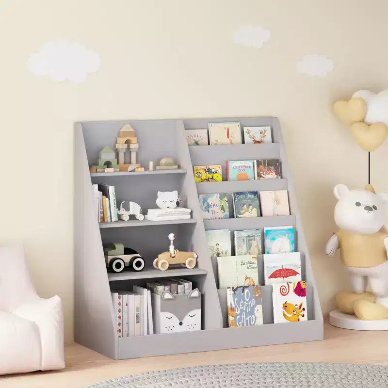 Okak Étagère à Livres et Organisateur de Rangement de Jouets Multifonctionnel à 4 Niveaux pour Enfants, Bibliothèque en Bois avec Présentoir pour Chambre d'Enfant, Salle de Jeux