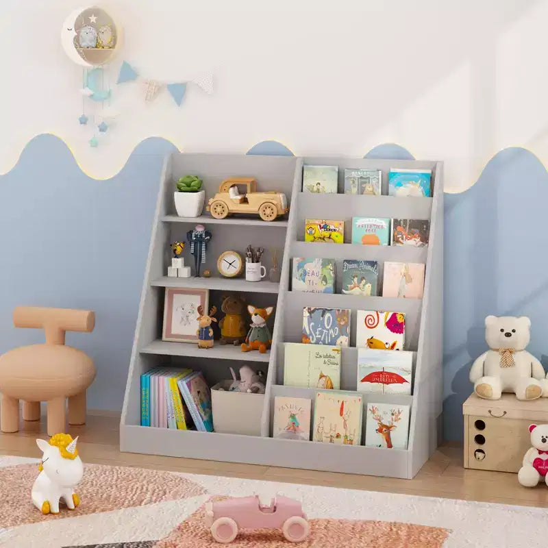 Okak Étagère à Livres et Organisateur de Rangement de Jouets Multifonctionnel à 4 Niveaux pour Enfants, Bibliothèque en Bois avec Présentoir pour Chambre d'Enfant, Salle de Jeux