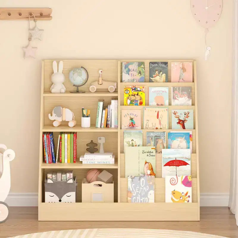 Okak Étagère à Livres et Organisateur de Rangement de Jouets Multifonctionnel à 4 Niveaux pour Enfants, Bibliothèque en Bois avec Présentoir pour Chambre d'Enfant, Salle de Jeux
