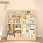Okak Étagère à Livres et Organisateur de Rangement de Jouets Multifonctionnel à 4 Niveaux pour Enfants, Bibliothèque en Bois avec Présentoir pour Chambre d'Enfant, Salle de Jeux