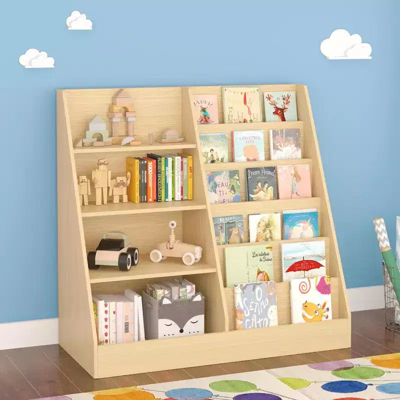 Okak Étagère à Livres et Organisateur de Rangement de Jouets Multifonctionnel à 4 Niveaux pour Enfants, Bibliothèque en Bois avec Présentoir pour Chambre d'Enfant, Salle de Jeux