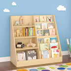 Okak Étagère à Livres et Organisateur de Rangement de Jouets Multifonctionnel à 4 Niveaux pour Enfants, Bibliothèque en Bois avec Présentoir pour Chambre d'Enfant, Salle de Jeux