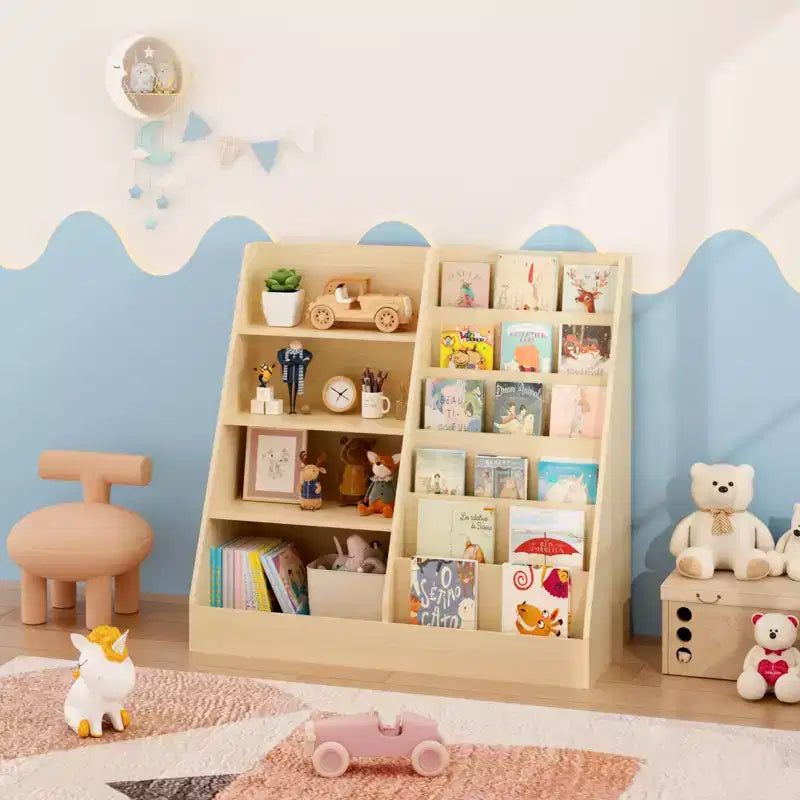 Okak Étagère à Livres et Organisateur de Rangement de Jouets Multifonctionnel à 4 Niveaux pour Enfants, Bibliothèque en Bois avec Présentoir pour Chambre d'Enfant, Salle de Jeux