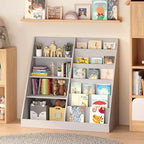 Okak 4 Tier Multifunctional Kids Bookshelf Toy Storage Organizer,Wooden Kids Bookcase with Display Stand for Kids Bedroom,Playroom