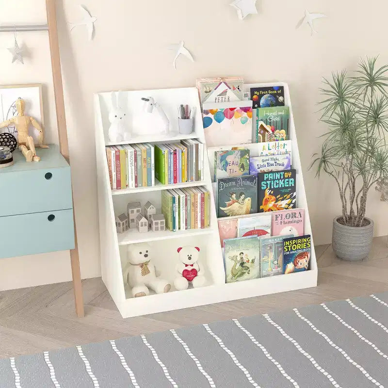 Okak Étagère à Livres et Organisateur de Rangement de Jouets Multifonctionnel à 4 Niveaux pour Enfants, Bibliothèque en Bois avec Présentoir pour Chambre d'Enfant, Salle de Jeux