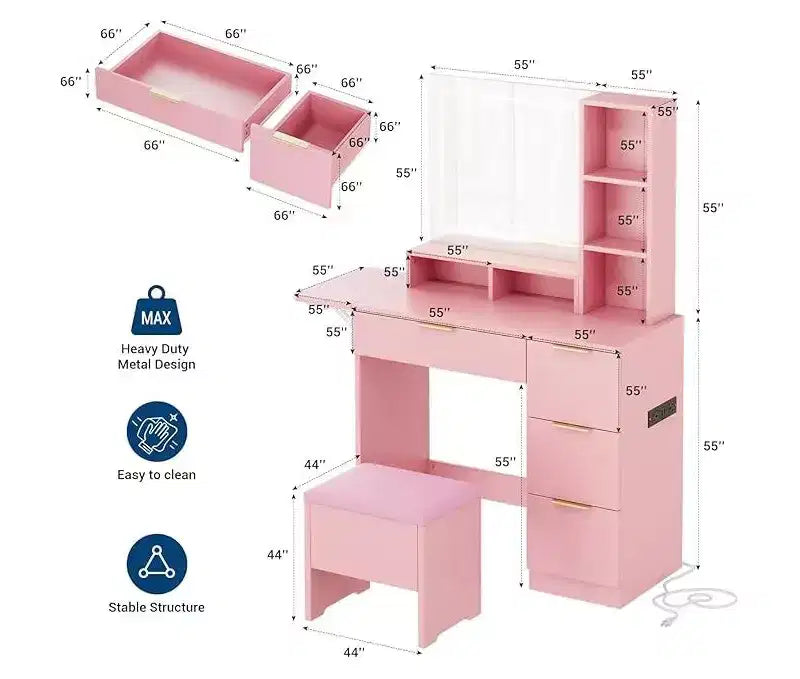 Makeup Vanity Set, Vanity Desk with Mirror , Makeup Table with Storage Stool, Drawers, Open Shelves, Wooden Dressing Table for Bedroom, Pink