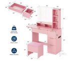 Makeup Vanity Set, Vanity Desk with Mirror , Makeup Table with Storage Stool, Drawers, Open Shelves, Wooden Dressing Table for Bedroom, Pink