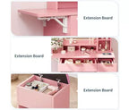 Makeup Vanity Set, Vanity Desk with Mirror , Makeup Table with Storage Stool, Drawers, Open Shelves, Wooden Dressing Table for Bedroom, Pink