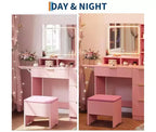 Makeup Vanity Set, Vanity Desk with Mirror , Makeup Table with Storage Stool, Drawers, Open Shelves, Wooden Dressing Table for Bedroom, Pink