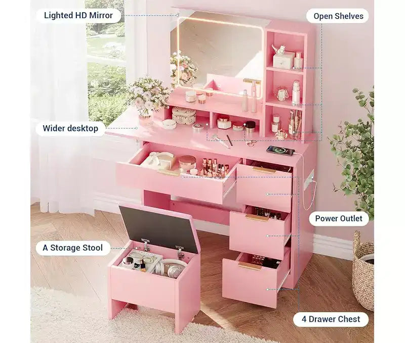 Makeup Vanity Set, Vanity Desk with Mirror , Makeup Table with Storage Stool, Drawers, Open Shelves, Wooden Dressing Table for Bedroom, Pink