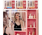 Makeup Vanity Set, Vanity Desk with Mirror , Makeup Table with Storage Stool, Drawers, Open Shelves, Wooden Dressing Table for Bedroom, Pink
