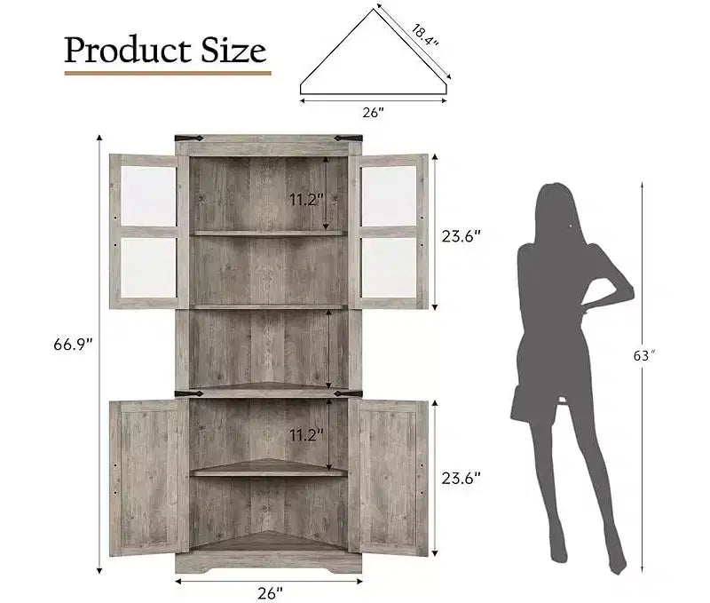 Corner Cabinet, Tall Corner Cabinet with Barn Door & Adjustable Shelves, Corner Storage Cabinet for Living Room, Kitchen, Bathroom, Washed Grey