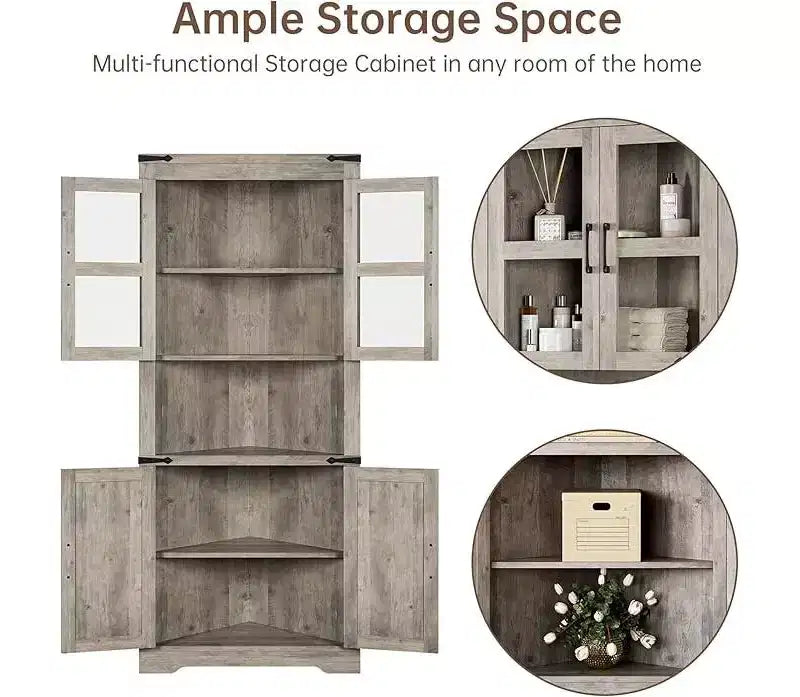 Corner Cabinet, Tall Corner Cabinet with Barn Door & Adjustable Shelves, Corner Storage Cabinet for Living Room, Kitchen, Bathroom, Washed Grey