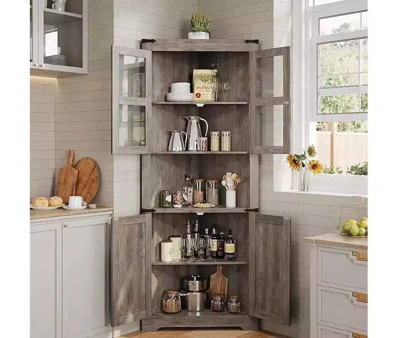Corner Cabinet, Tall Corner Cabinet with Barn Door & Adjustable Shelves, Corner Storage Cabinet for Living Room, Kitchen, Bathroom, Washed Grey