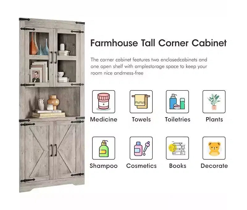 Corner Cabinet, Tall Corner Cabinet with Barn Door & Adjustable Shelves, Corner Storage Cabinet for Living Room, Kitchen, Bathroom, Washed Grey
