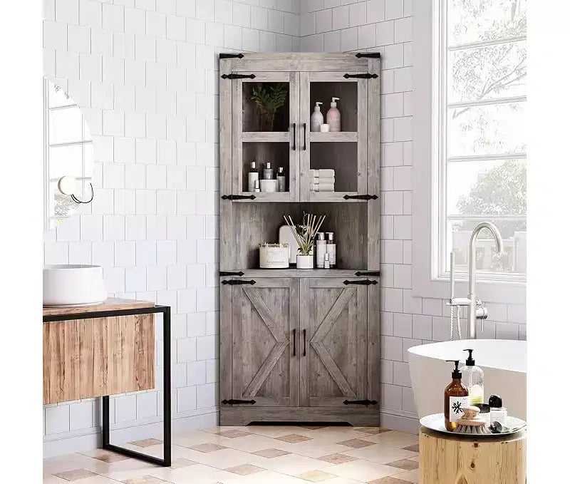 Corner Cabinet, Tall Corner Cabinet with Barn Door & Adjustable Shelves, Corner Storage Cabinet for Living Room, Kitchen, Bathroom, Washed Grey