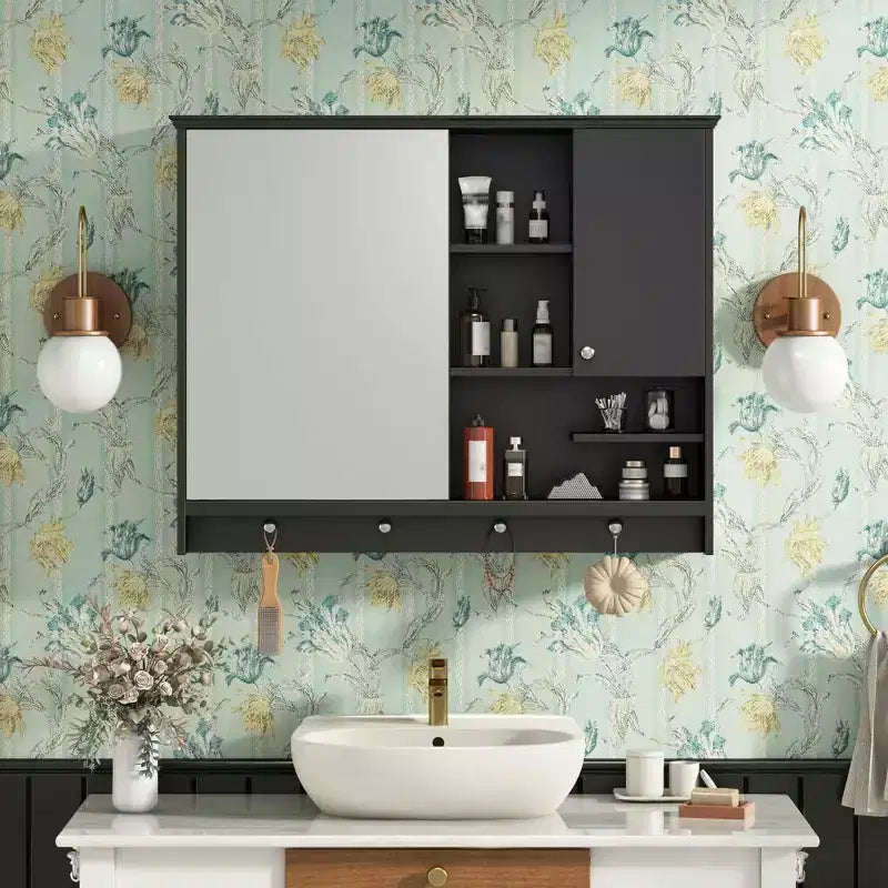 MAYEERTY Meuble de salle de bain mural de 91 cm, armoire de rangement avec porte miroir et étagère réglable pour salle de bain, noir