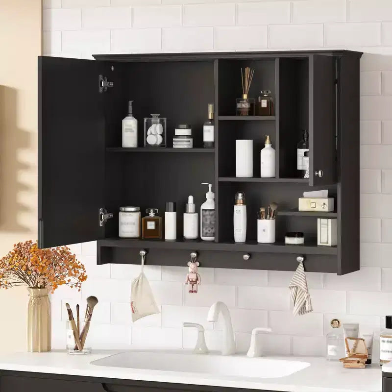 MAYEERTY Meuble de salle de bain mural de 91 cm, armoire de rangement avec porte miroir et étagère réglable pour salle de bain, noir
