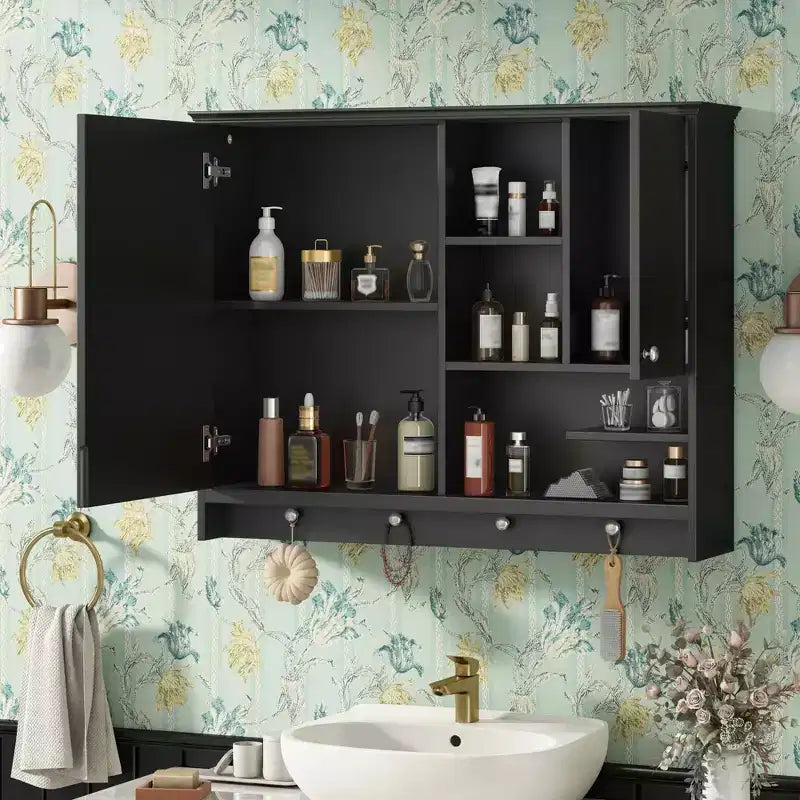 MAYEERTY Meuble de salle de bain mural de 91 cm, armoire de rangement avec porte miroir et étagère réglable pour salle de bain, noir
