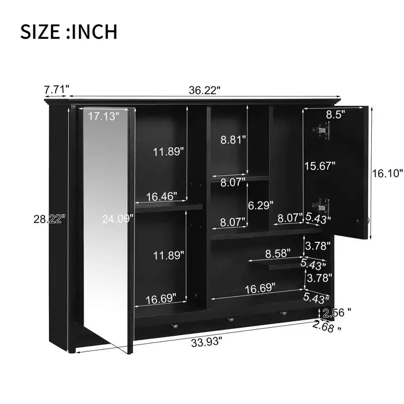MAYEERTY Meuble de salle de bain mural de 91 cm, armoire de rangement avec porte miroir et étagère réglable pour salle de bain, noir