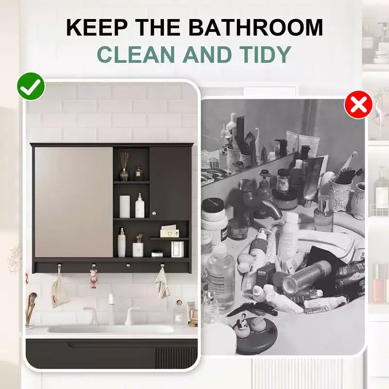 MAYEERTY Meuble de salle de bain mural de 91 cm, armoire de rangement avec porte miroir et étagère réglable pour salle de bain, noir