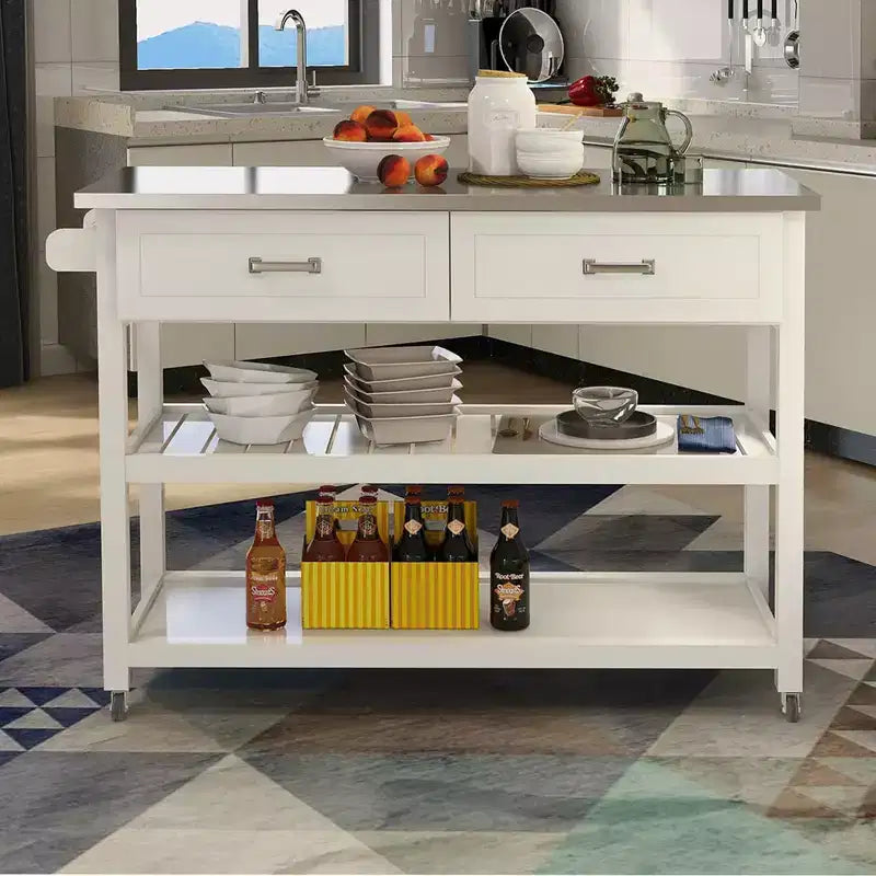 MAYEERTY Desserte de cuisine blanche, plateau en acier inoxydable 2 tiroirs
