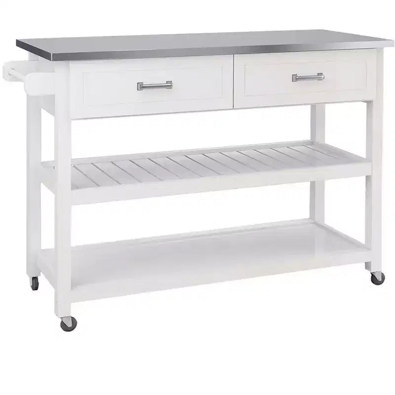 MAYEERTY Desserte de cuisine blanche, plateau en acier inoxydable 2 tiroirs