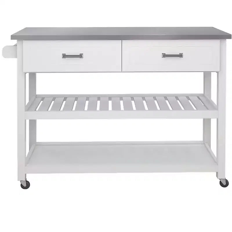 MAYEERTY Desserte de cuisine blanche, plateau en acier inoxydable 2 tiroirs
