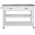 MAYEERTY Desserte de cuisine blanche, plateau en acier inoxydable 2 tiroirs