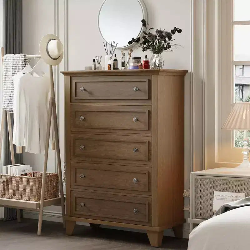 5 Drawer Dresser for Bedroom, 48 Tall Wooden Chest of Drawers with Metal Handles, Clothes Storage Organizer, Dresser Narrow Nightstand for Bedroom