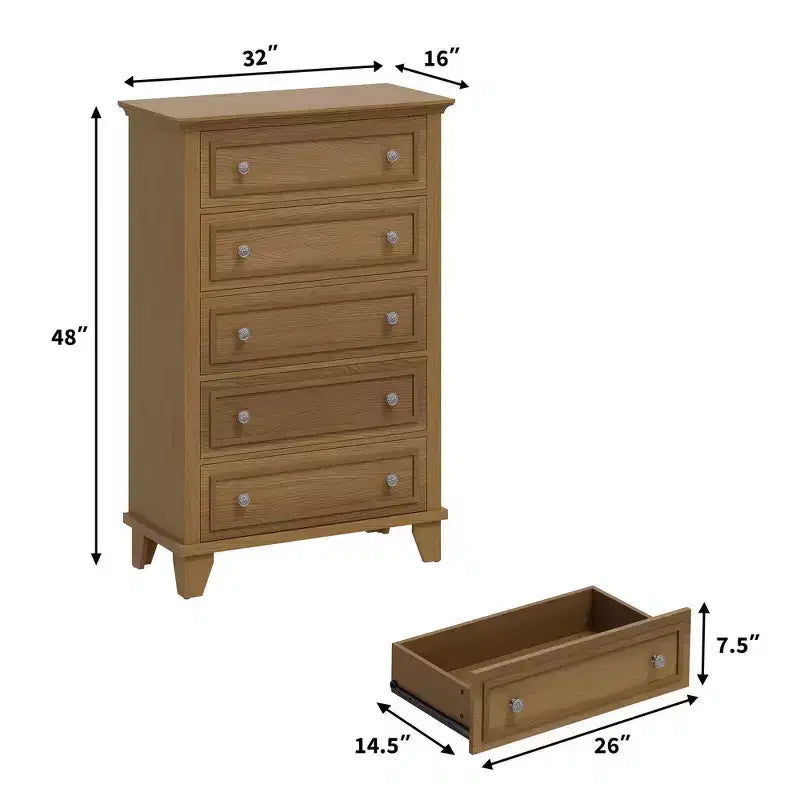 Commode à 5 tiroirs pour chambre à coucher, chiffonnier en bois de 122 cm de hauteur avec poignées en métal, organisateur de rangement pour vêtements, commode étroite pour chambre à coucher