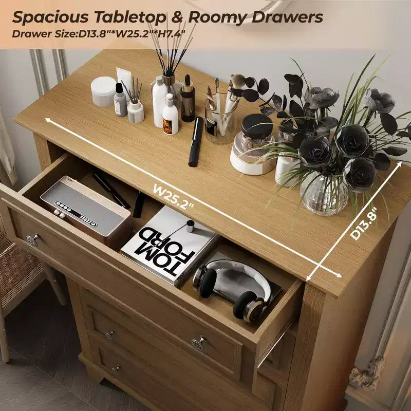 Commode à 5 tiroirs pour chambre à coucher, chiffonnier en bois de 122 cm de hauteur avec poignées en métal, organisateur de rangement pour vêtements, commode étroite pour chambre à coucher