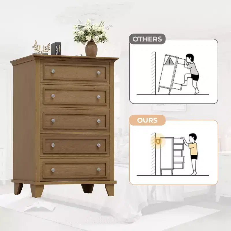 Commode à 5 tiroirs pour chambre à coucher, chiffonnier en bois de 122 cm de hauteur avec poignées en métal, organisateur de rangement pour vêtements, commode étroite pour chambre à coucher