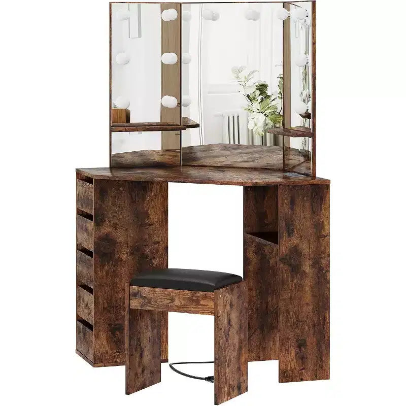 Coiffeuse d'angle avec banc, Table de maquillage avec 3 miroirs éclairés pliables, Station de recharge, 5 tiroirs pour chambre à coucher
