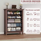 Commode à 5 tiroirs pour chambre à coucher, 41,3 po de haut, en bois, autoportante, grand rangement | Organiseur de placard vertical pour chambre à coucher et salon