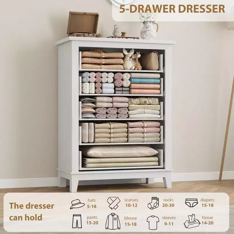 Commode à 5 tiroirs pour chambre à coucher, 41,3 po de haut, en bois, autoportante, grand rangement | Organiseur de placard vertical pour chambre à coucher et salon