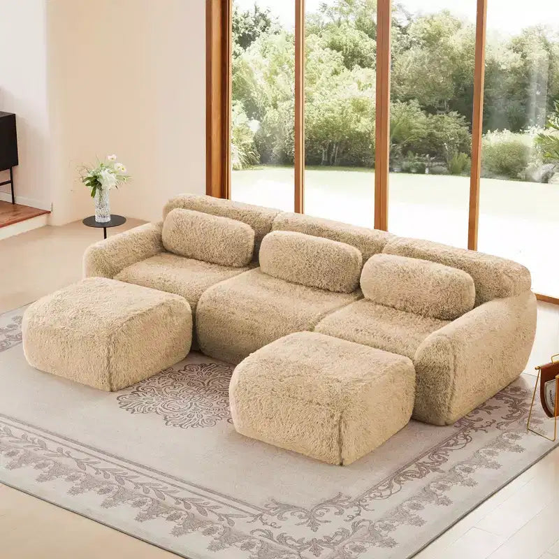 Canapé d'angle en U marron sans accoudoirs de 291 cm avec coussins décoratifs et 2 poufs, éponge haute densité 32D, pour salons