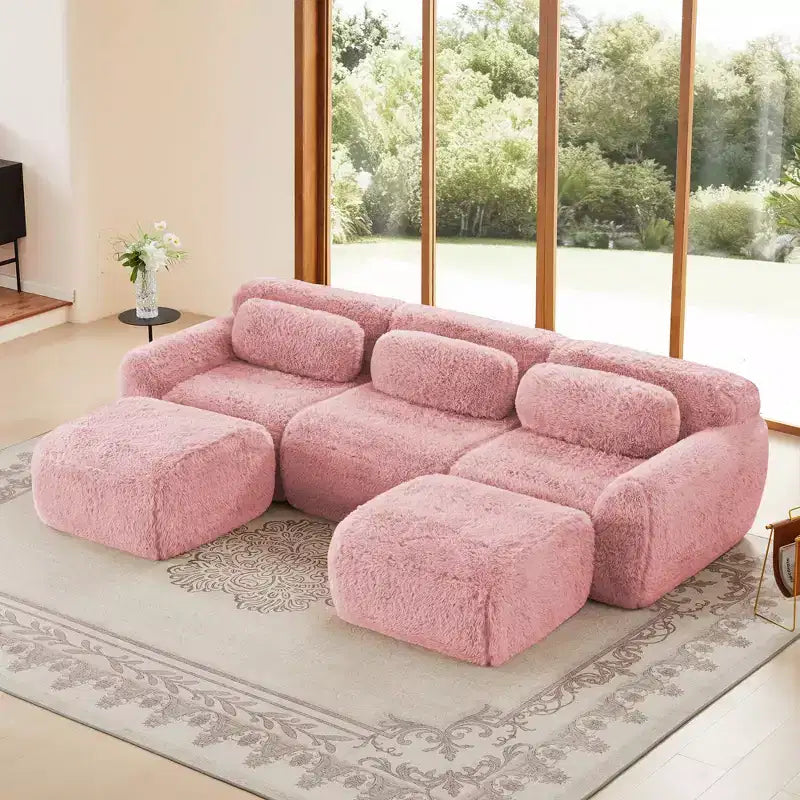 Canapé d'angle en U marron sans accoudoirs de 291 cm avec coussins décoratifs et 2 poufs, éponge haute densité 32D, pour salons