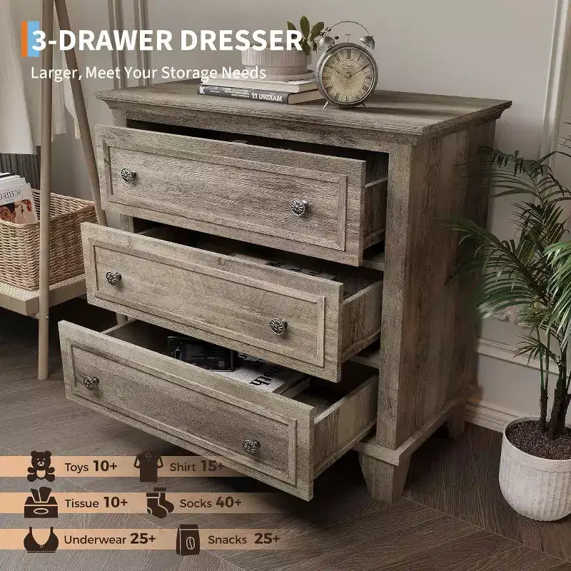 Commode à 3 tiroirs pour chambre à coucher, commode en bois noir pour chambre à coucher, petite commode rustique, table de chevet, armoire de rangement en bois