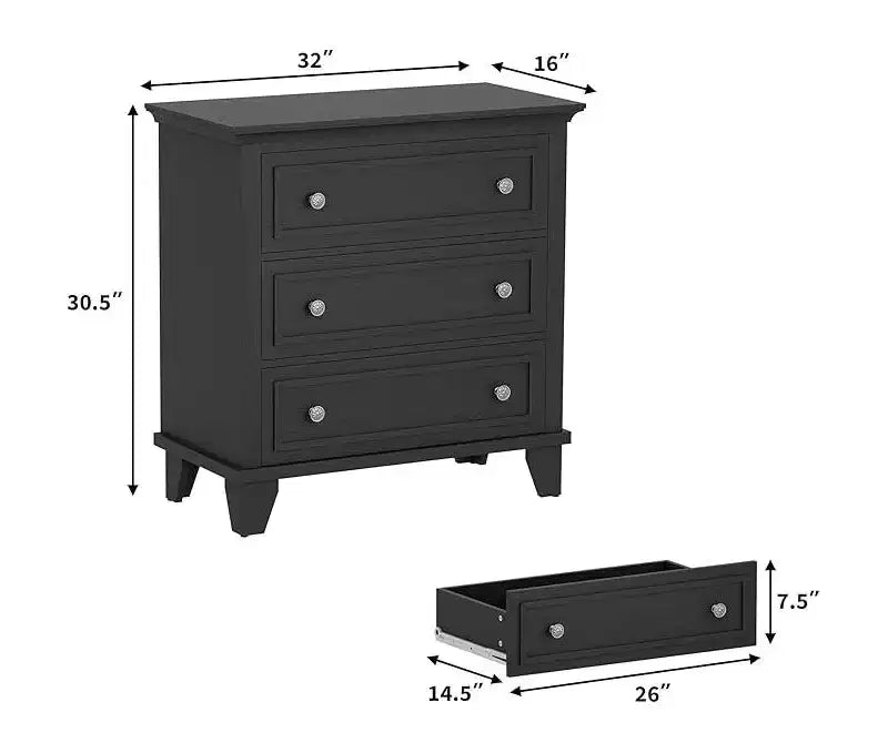 Commode à 3 tiroirs pour chambre à coucher, commode en bois noir pour chambre à coucher, petite commode rustique, table de chevet, armoire de rangement en bois
