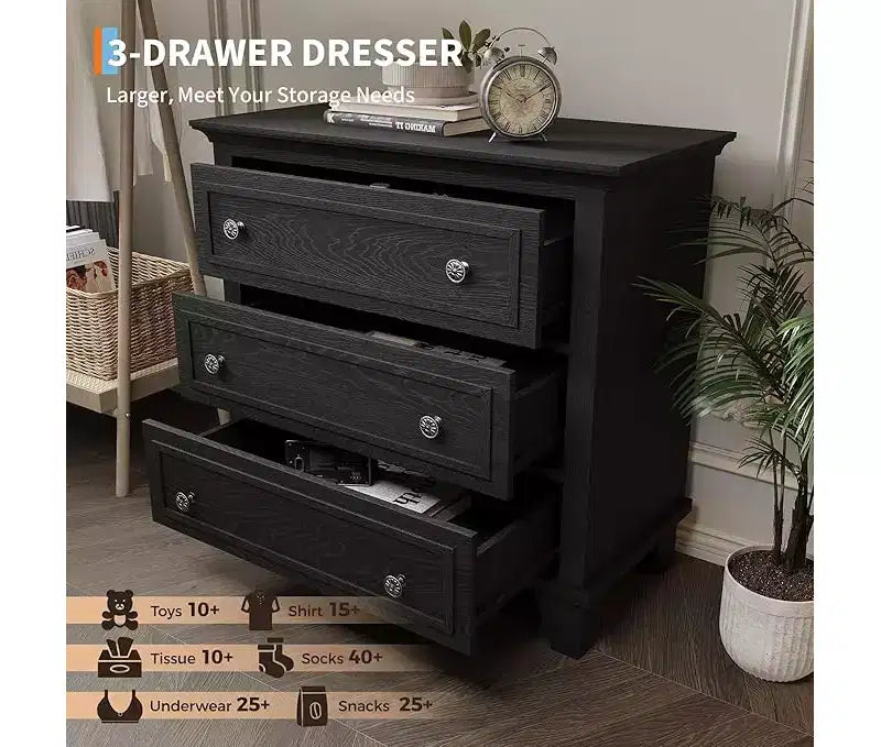 Commode à 3 tiroirs pour chambre à coucher, commode en bois noir pour chambre à coucher, petite commode rustique, table de chevet, armoire de rangement en bois
