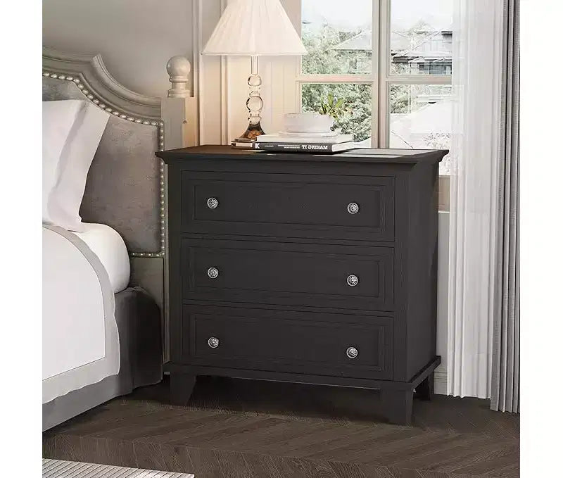 Commode à 3 tiroirs pour chambre à coucher, commode en bois noir pour chambre à coucher, petite commode rustique, table de chevet, armoire de rangement en bois